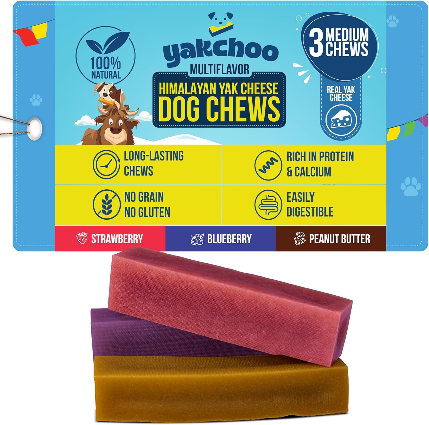 Yakchoo Himalayan Yak Cheese Dog Chews – Medium 70g - Blueberry Strawberry & Peanut Butter 3 Pack