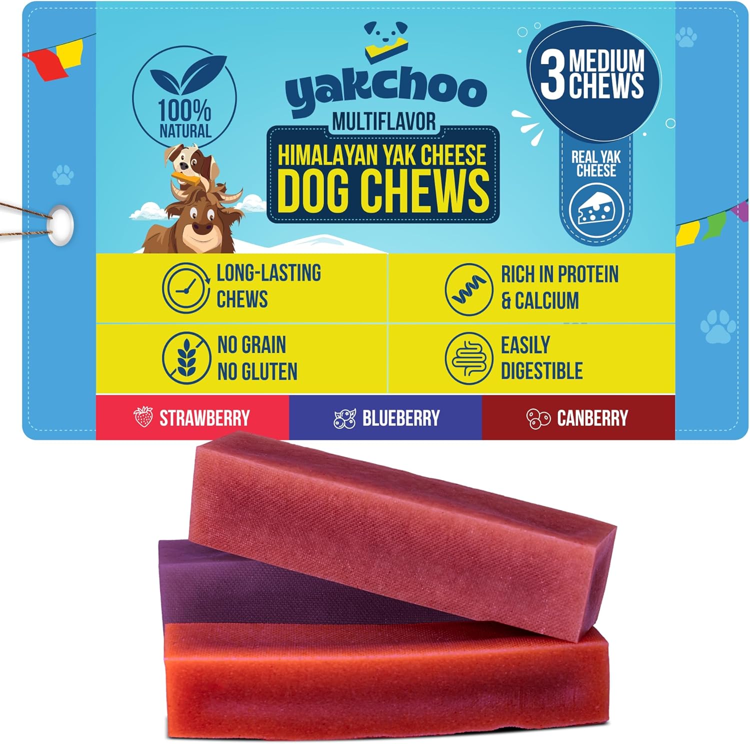 Yakchoo Himalayan Yak Cheese Dog Chews – Medium 70g - Blueberry Strawberry & Cranberry 3 Pack